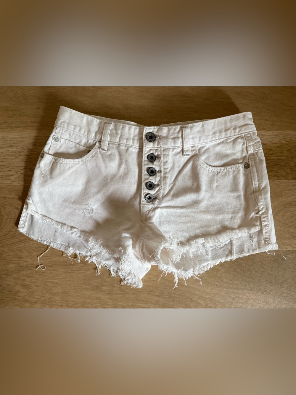 Free People White Distressed Button-Front Denim Shorts